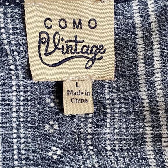 Como Vintage Women’s Navy Blue Striped Boho Peasant Top L Tie Neck Long Sleeve - Picture 5 of 7